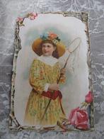 Antiek Frans Reclame Kaartje - Meisje met Vlindernet / Roos, Verzamelen, Ansichtkaarten | Themakaarten, Verzenden, Voor 1920, Kinderen