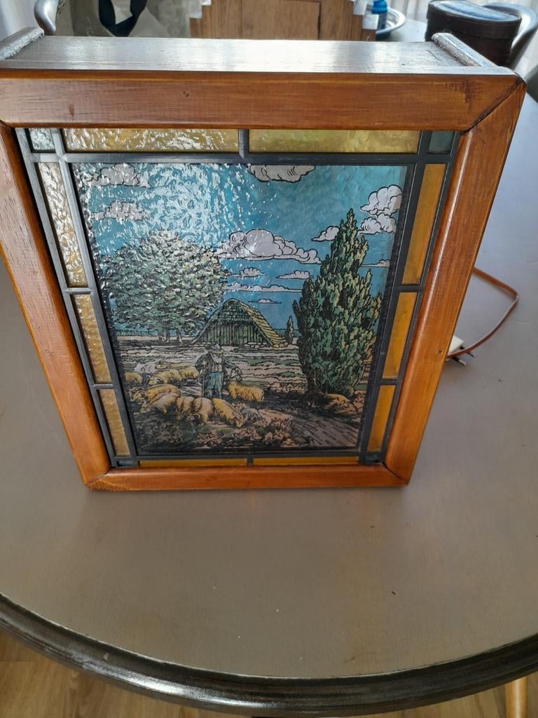 Antieke glas-in-lood lamp met herder en schapen, Ophalen of Verzenden