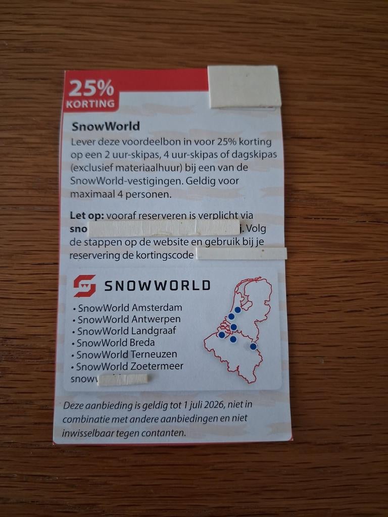 SNOWWORLD 25% KORT OP SKIPASSEN GELDIG IN ALLE VESTIGINGEN!, Tickets en Kaartjes, Drie personen of meer, Kortingsbon
