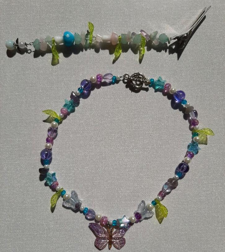 Set ketting en haar clip fairy bloemig vlinders handgemaakt, Sieraden, Tassen en Uiterlijk, Armbanden, Nieuw, Overige materialen