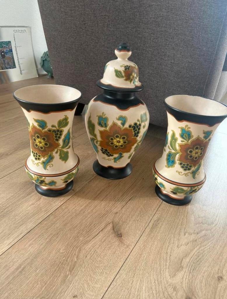 Mooie 3 delige Modica Gouda Plateel vazenset, Antiek en Kunst, Antiek | Vazen, Ophalen of Verzenden