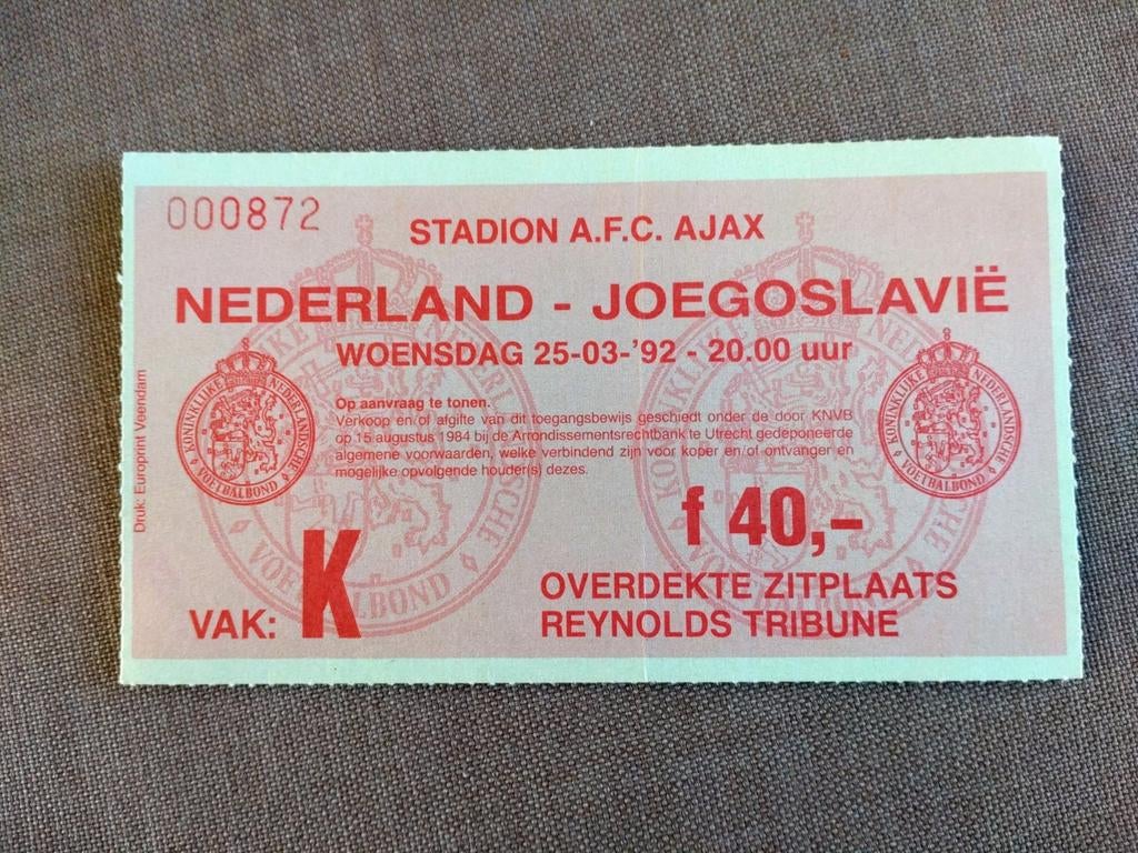 Nederland - Joegoslavië wedstrijd ticket., Verzamelen, Verzenden, Gebruikt, Overige binnenlandse clubs, Overige typen