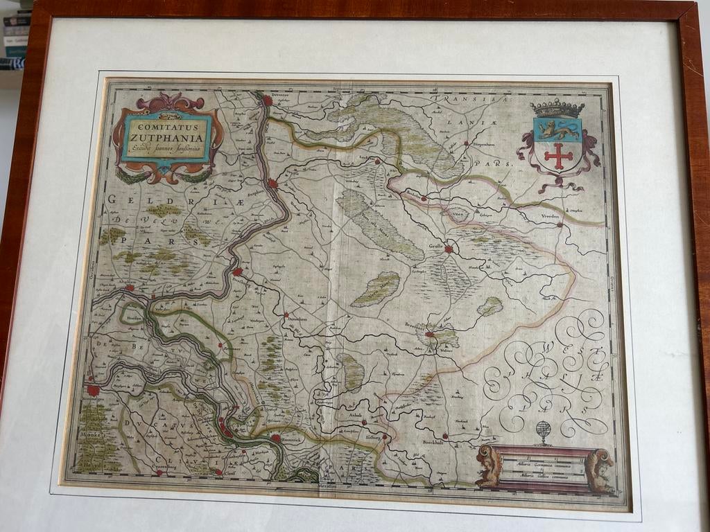 Antieke kaart Comitatus Zutphania, Joannes Janssonius, Verzamelen, Foto's en Prenten, Ophalen, Gebruikt, Voor 1940, Prent