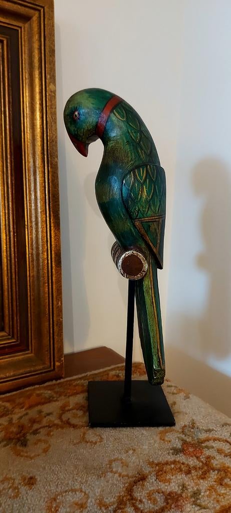 Mooi houten beeld: papagaai op stok, Ophalen of Verzenden