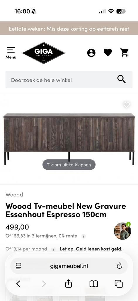 WoooD Tv-meubel New Gravure Essenhout Espresso 150cm, Huis en Inrichting, Kasten | Televisiemeubels, 100 tot 150 cm, Zo goed als nieuw