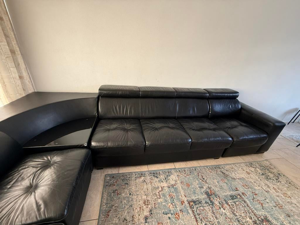 Zwarte lederen hoekbank met relaxfunctie, Ophalen, Gebruikt, 100 tot 125 cm, Hoekbank