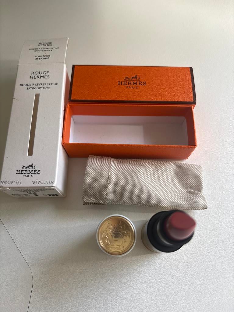Hermès Rouge Satin Lipstick - Rose Épicé 21, Gebruikt, Lippen, Ophalen of Verzenden, Make-up