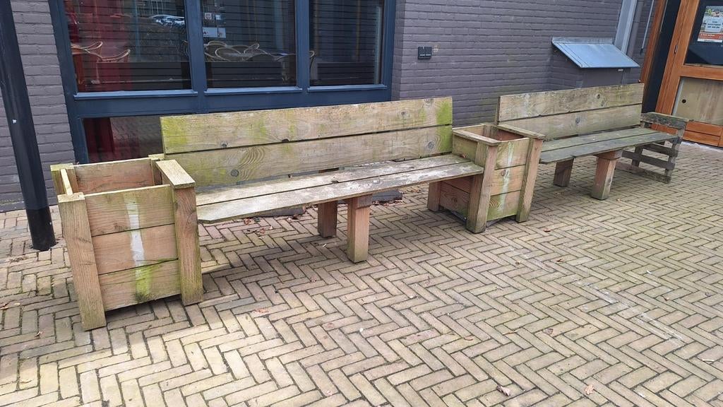 Houten bankje met bloembakken, Tuin en Terras, Ophalen, Gebruikt, Hout