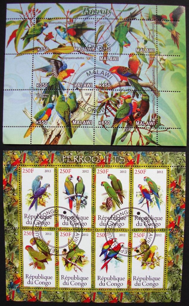 - 817 - 2 Grote Blokken met 14 Papagaaien., Verzenden, Gestempeld, Dier of Natuur