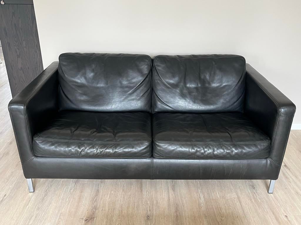 Zwarte leren tweezitsbank - 170cm breed, Ophalen, Gebruikt, 150 tot 200 cm, Tweepersoons