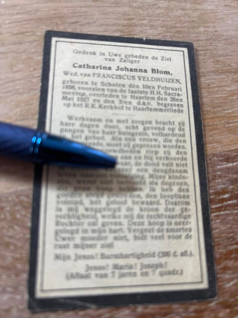 Blom Catharina 1858 Schoten 1927 Haarlem x Veldhuizen, Verzamelen, Bidprentjes en Rouwkaarten, Ophalen of Verzenden, Bidprentje