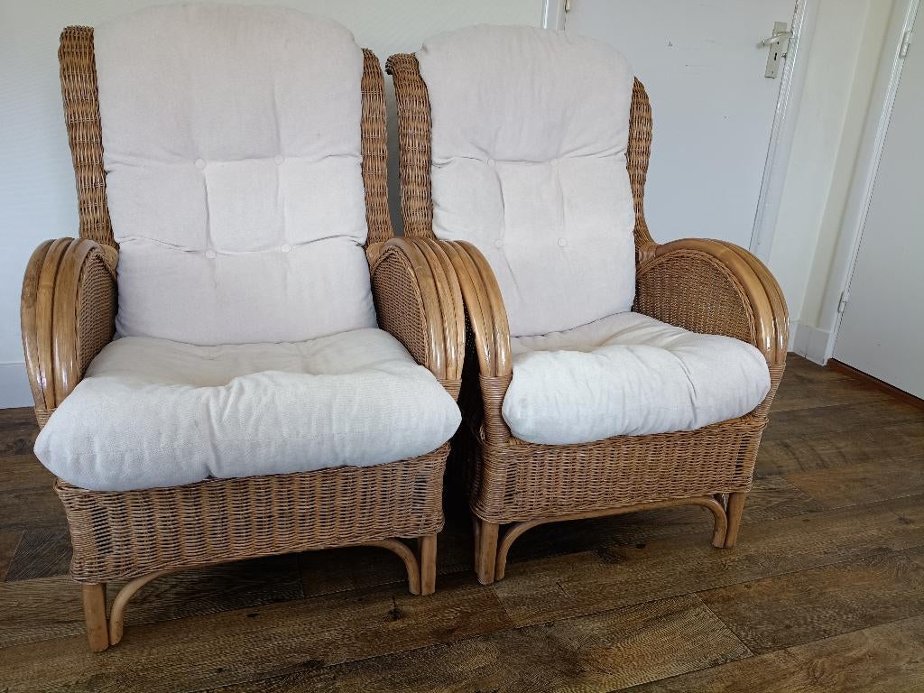 2 Rieten fauteuils, Ophalen, Gebruikt, 75 tot 100 cm, Stof