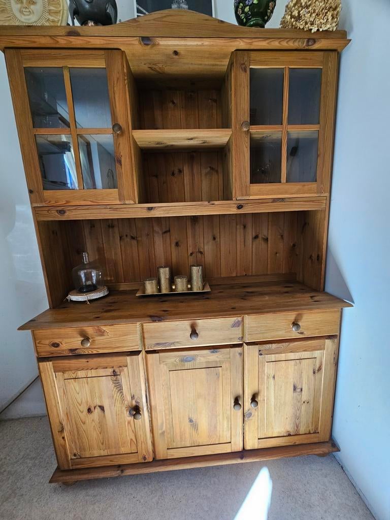 Massief grenen dressoir met vitrinekast, Ophalen, Gebruikt, 100 tot 150 cm, Grenenhout