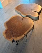 Set van 2 boomstam bijzettafels met metalen poten, Huis en Inrichting, Tafels | Salontafels, Ophalen, Gebruikt, 50 tot 100 cm