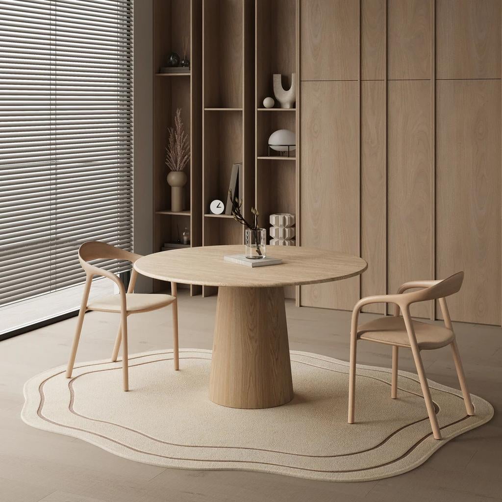 Ronde eettafel travertin & licht eiken poot - 130cm, Ophalen of Verzenden, Zo goed als nieuw, 4 tot 6 stoelen