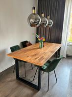 Eettafel met houten blad en metalen onderstel, lichte vlek, Ophalen, 50 tot 100 cm, Zo goed als nieuw, 150 tot 200 cm