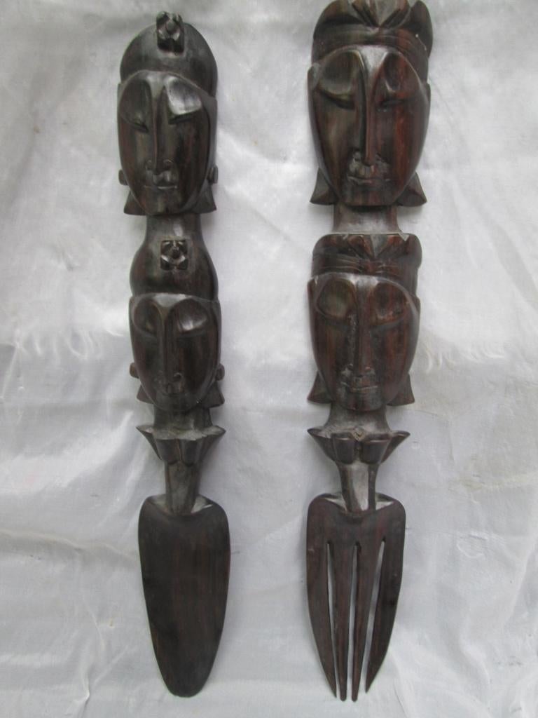 Houten Lepel en Vork Indisch Indonesië ? Houtsnijwerk, Antiek en Kunst, Ophalen, Handgemaakt, 20 - 50 cm, Hout