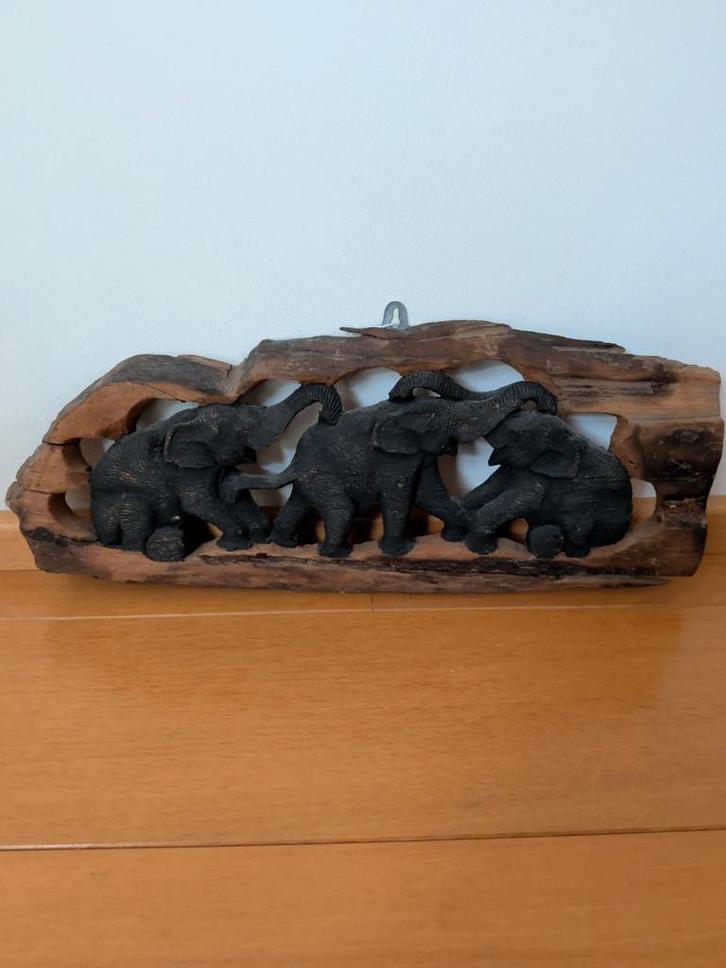Handgesneden Houten Wanddecoratie Olifanten - 50 cm Breed, Huis en Inrichting, Woonaccessoires | Wanddecoraties, Gebruikt, Ophalen of Verzenden