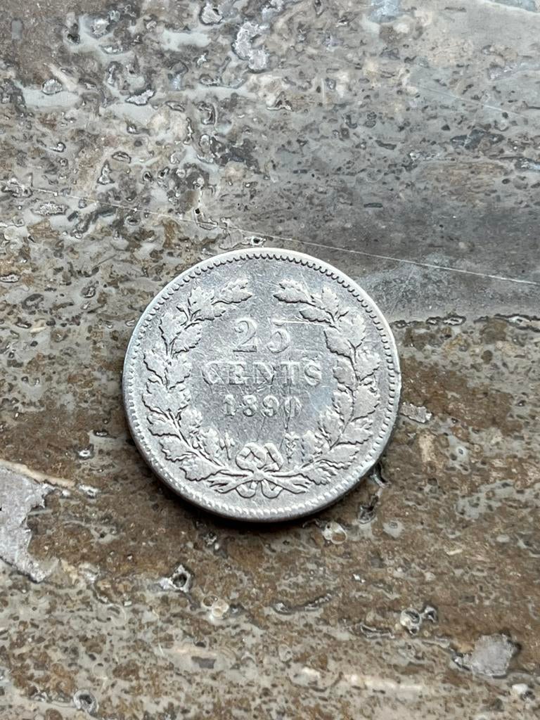 25 cent 1890 b Willem III, zeldzaam jaar, Postzegels en Munten, Munten | Nederland, Koning Willem III, Zilver, 25 cent, Ophalen of Verzenden