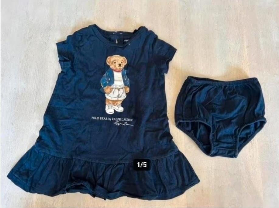 Ralph Lauren (RL) blauwe jurk Polo Bear-beer (ZGAN) 9m / 74, Meisje, Jurkje of Rokje, Ophalen of Verzenden, Zo goed als nieuw