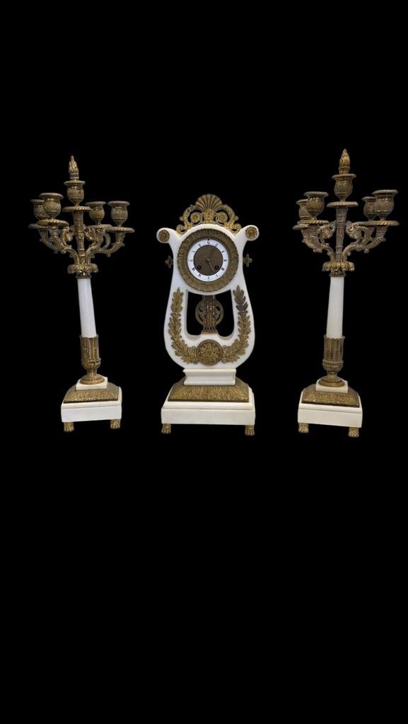 Empire Lierpendule met Kandelaars - Marmer & Brons, Ophalen of Verzenden