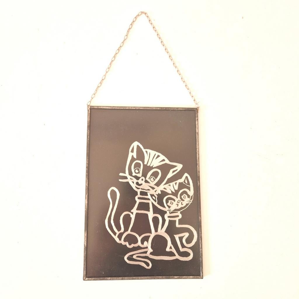 Vintage glas in lood schilderij kraskunst fifties kat poezen, Ophalen of Verzenden, Huis en Inrichting