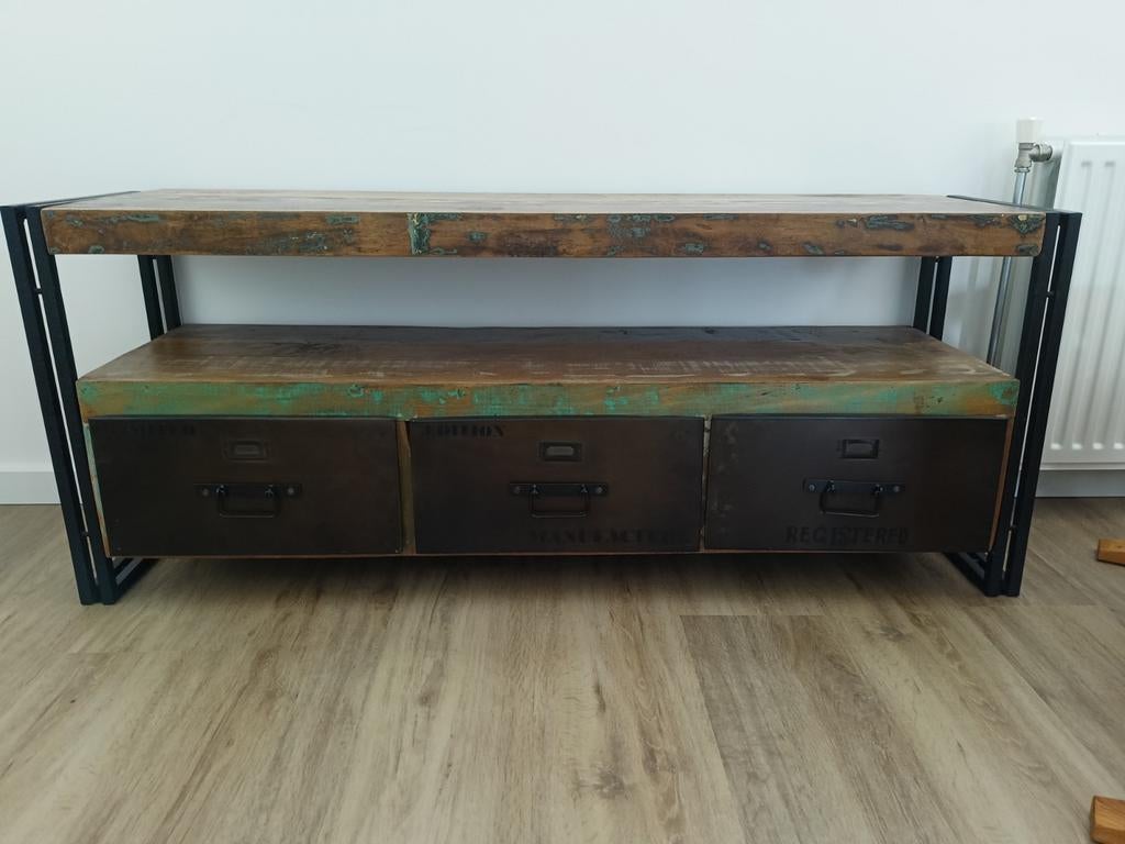 Industrieel TV meubel Old Wood met 3 laden, Ophalen, 100 tot 150 cm, Zo goed als nieuw, Minder dan 100 cm