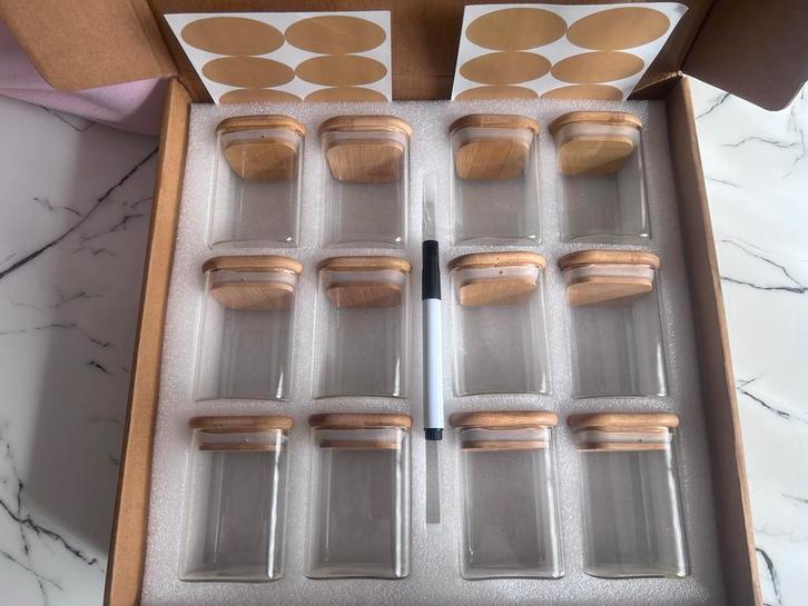 Glazen potjes met houten deksels (12 stuks), Huis en Inrichting, Keuken | Keukenbenodigdheden, Nieuw, Ophalen of Verzenden