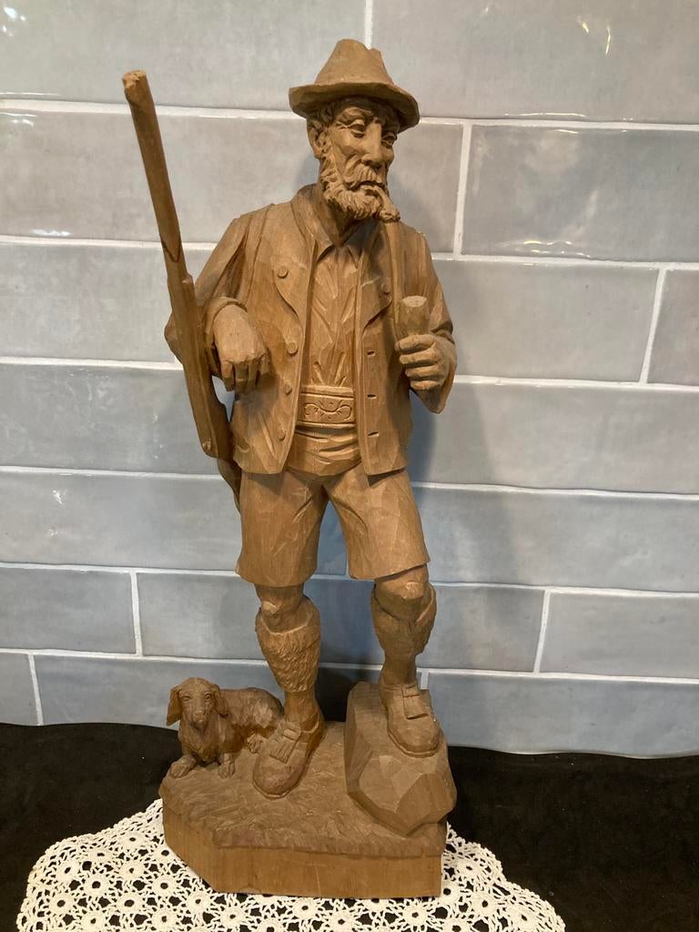Vintage beeld Duits houtsnijwerk, jager (300326m), Antiek en Kunst, Ophalen of Verzenden