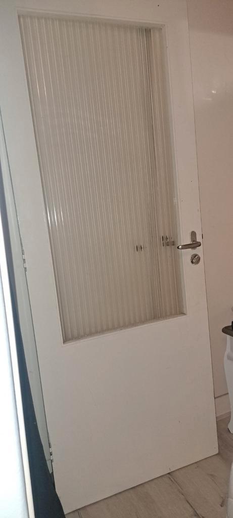 Jaren '30 binnendeur met geribbeld glas en slot, Doe-het-zelf en Verbouw, Deuren en Horren, Gebruikt, Binnendeur, 200 tot 215 cm