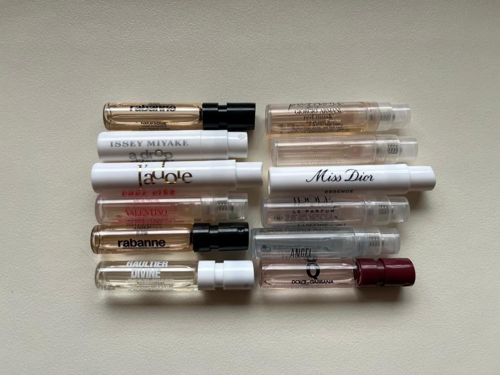 Setje designer parfum proefjes, 12 flesjes, Verzenden, Gebruikt