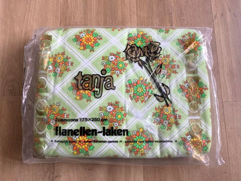 Vintage jaren 70 Tanja groene flanellen 2- persoons laken, Huis en Inrichting, Slaapkamer | Beddengoed, Wit, Ophalen of Verzenden