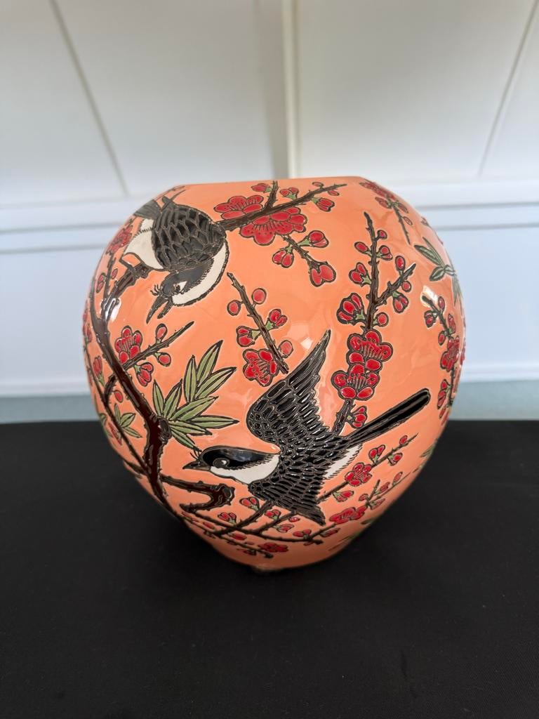 Des Pots vaas met vogels en bloesem - zalmkleurig, Ophalen of Verzenden