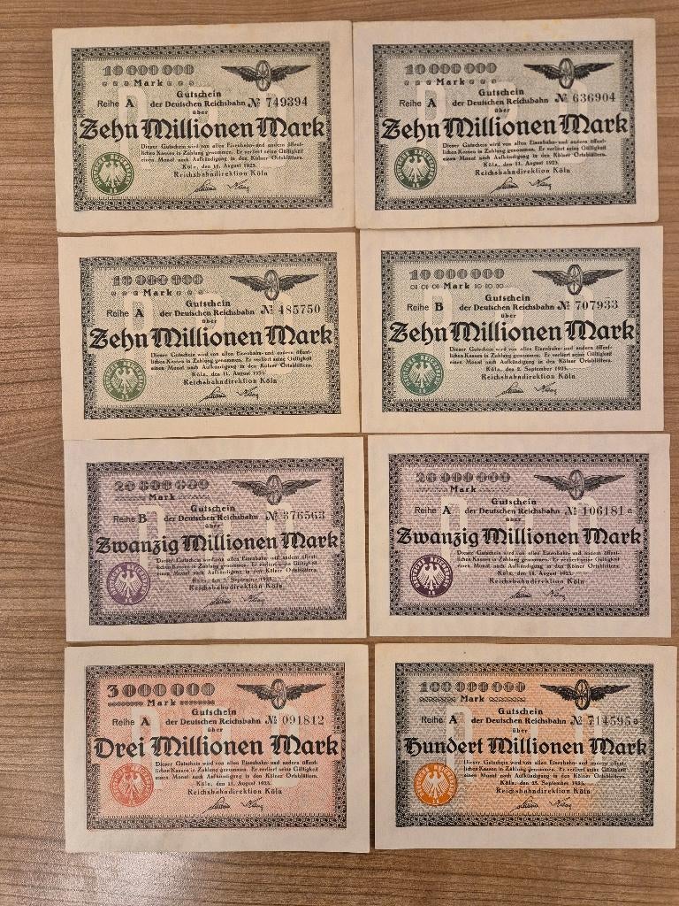 Duitsland - Reichsbahn Köln 1923 8 Stuks, Postzegels en Munten, Bankbiljetten | Europa | Niet-Eurobiljetten, Ophalen of Verzenden