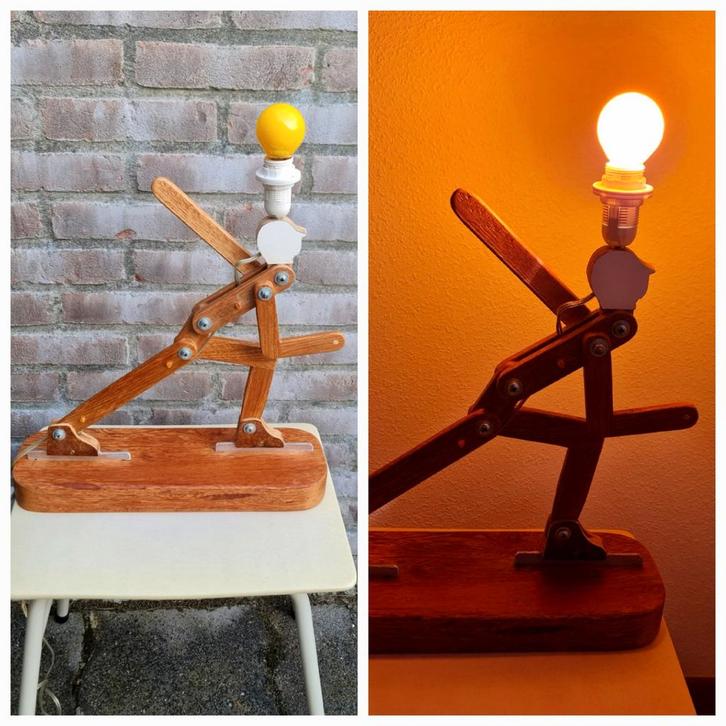 Tafellamp in vorm schaatser van hout mooi ambachtelijk uniek, Huis en Inrichting, Lampen | Tafellampen, Ophalen