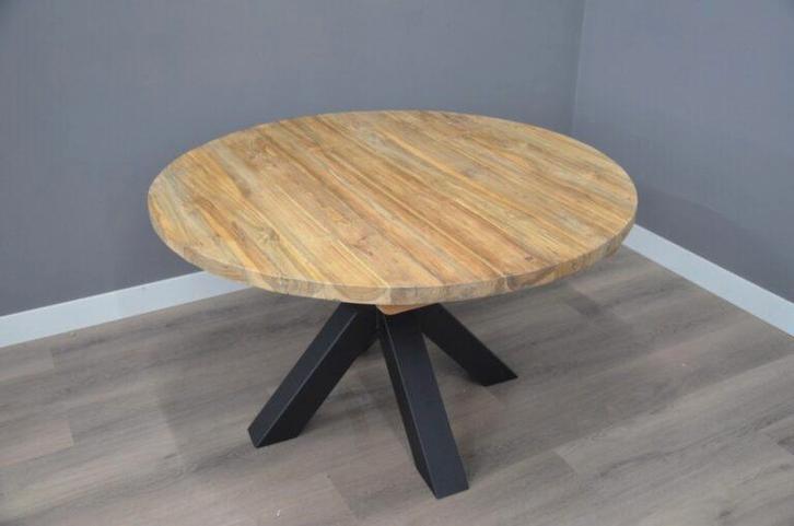 Ronde teak eettafel 130 cm doorsnede licht geborsteld, Huis en Inrichting, Tafels | Eettafels, Nieuw, 100 tot 150 cm, 100 tot 150 cm