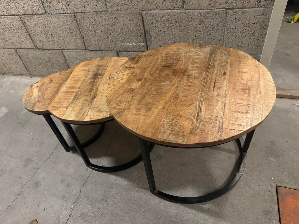 Set van 3 ronde mangohouten salontafels met metalen onderste, Huis en Inrichting, Tafels | Salontafels, Ophalen, Rond, 50 tot 100 cm