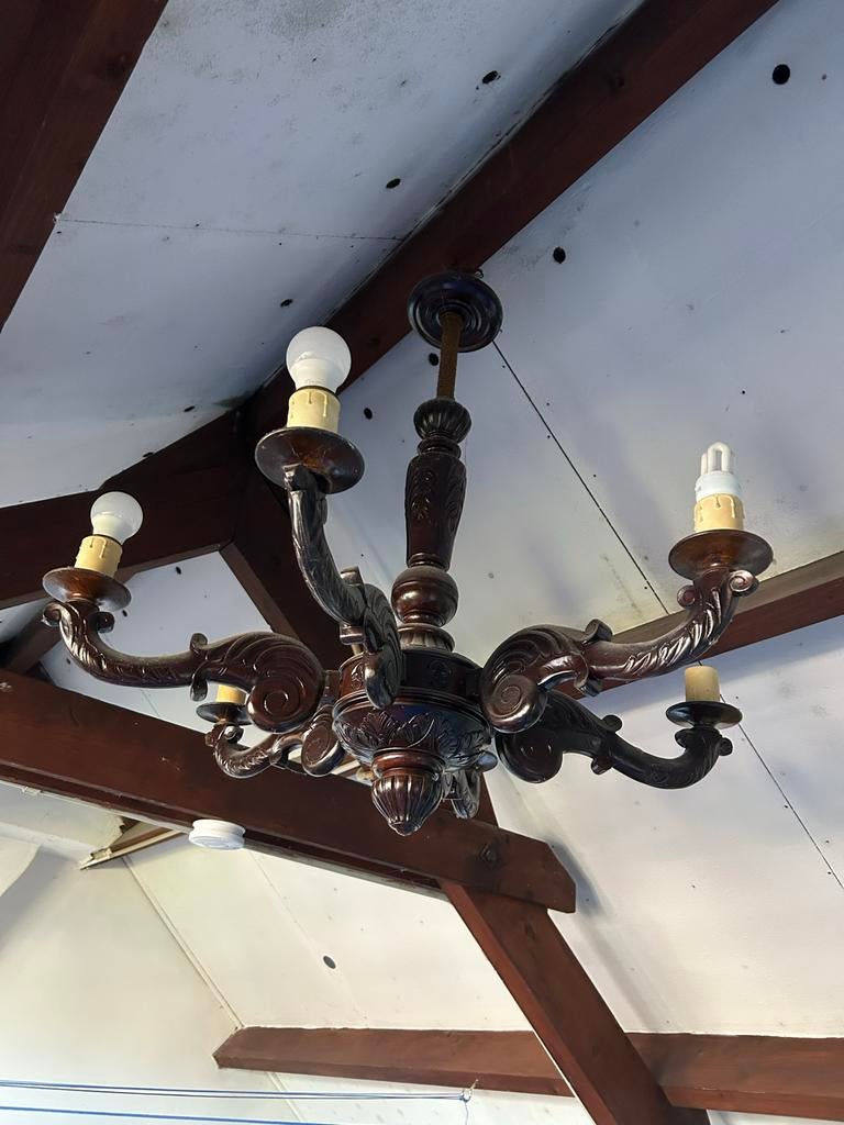 Antieke houten kroonluchter - 6 armig, Ophalen, Gebruikt, Hout