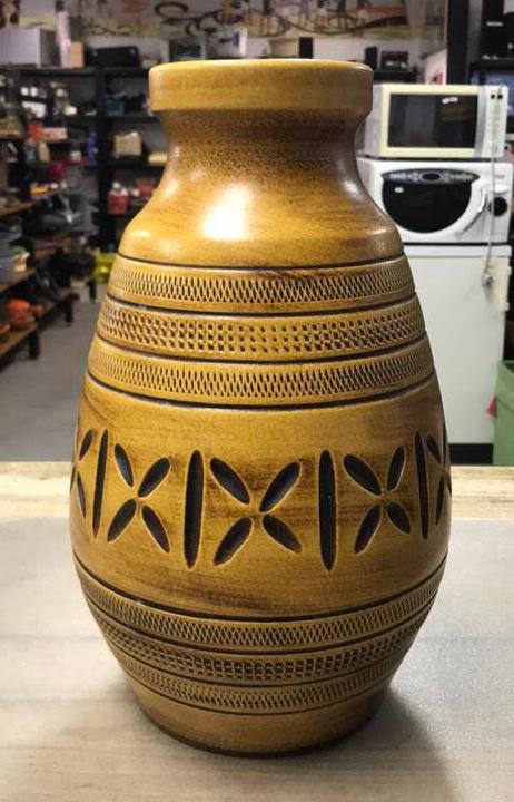 Vintage vaas 40cm okergeel bruin, Ophalen of Verzenden