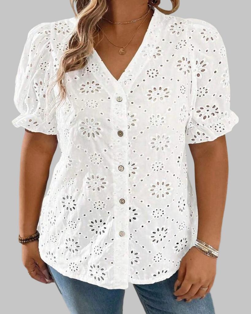 Witte Broderie Anglaise Blouse met Korte Mouwen (44-52), Kleding | Dames, Verzenden, Nieuw, Wit, Blouse of Tuniek