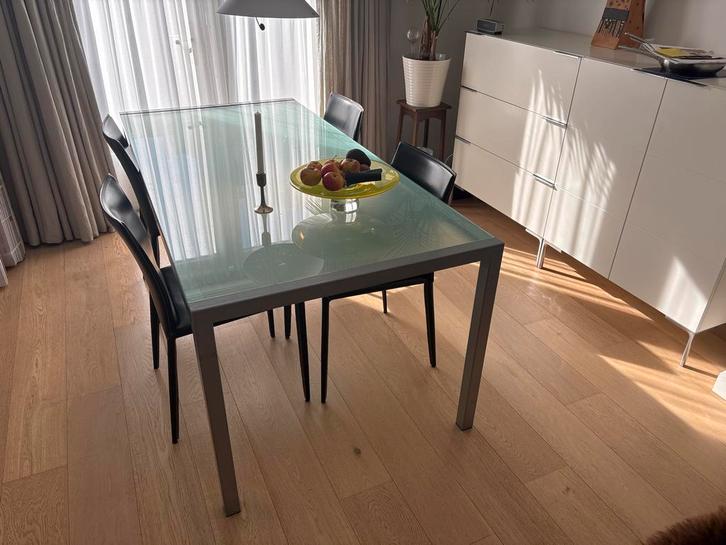 Eetkamertafel met 6 tuigleren stoelen, Huis en Inrichting, Tafels | Eettafels, Gebruikt, 50 tot 100 cm, 150 tot 200 cm, Vijf personen of meer