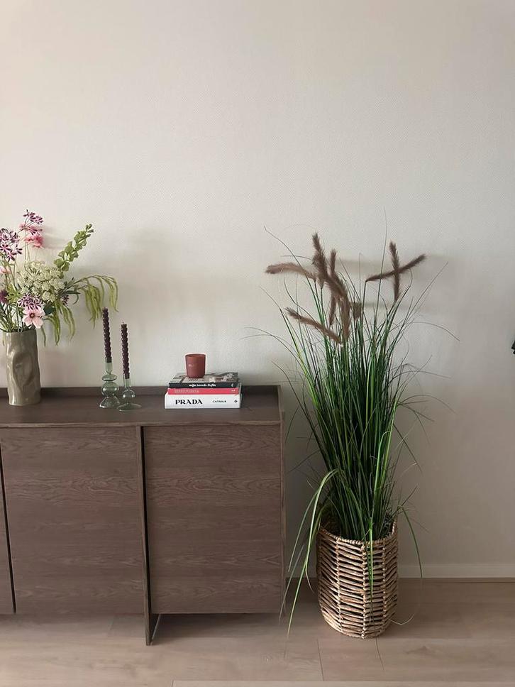Grote kunstplant siergras met pluimen in rieten mand, Huis en Inrichting, Woonaccessoires | Kunstplanten en Kunstbloemen, Zo goed als nieuw