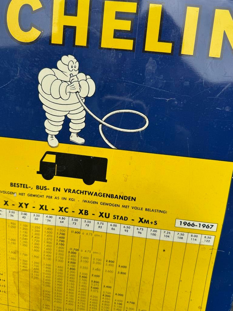 Vintage Michelin Reclamebord - Bandentabel 1966-1967, Verzamelen, Reclamebord, Gebruikt, ., Ophalen of Verzenden