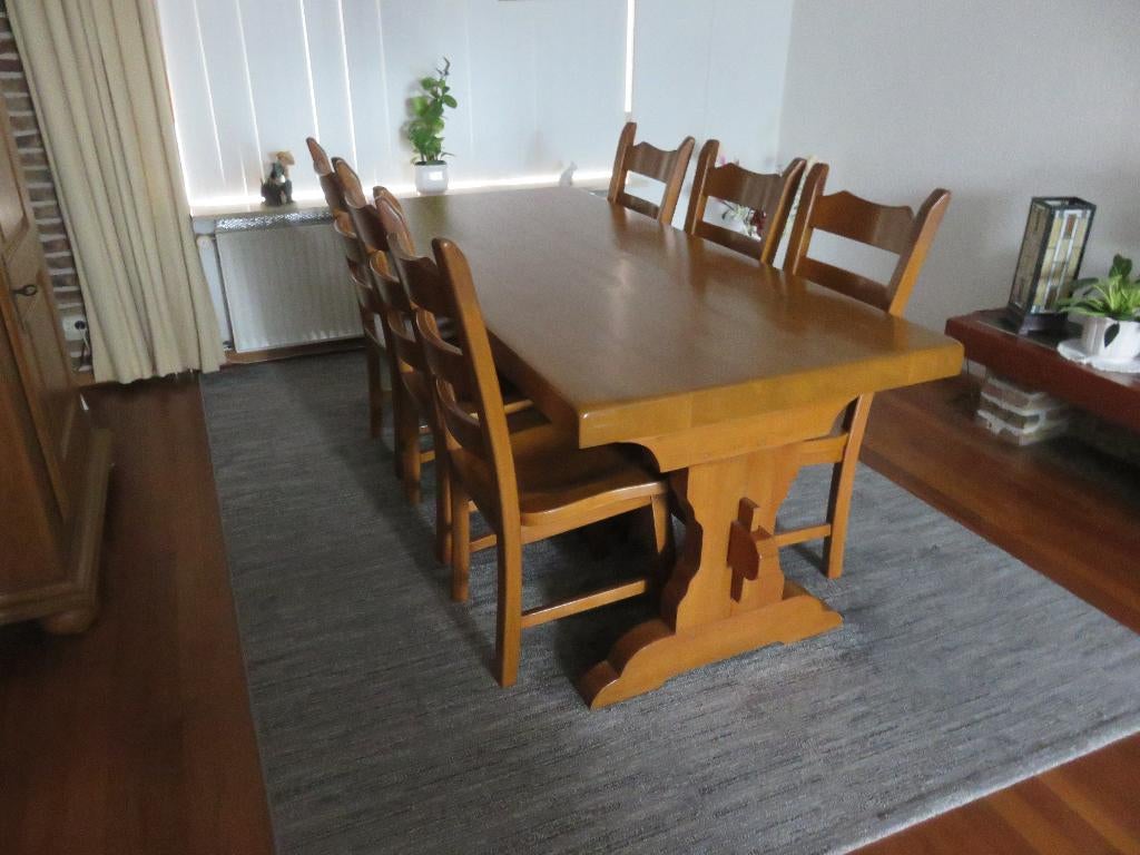 Massief eiken eettafel met 6 stoelen blad  is 1.90 x 0.85, Ophalen, Gebruikt, Oude boeren stijl, 4 tot 6 stoelen