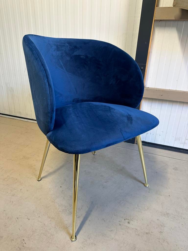MADE fluwelen stoelen, donkerblauw met gouden poten, Ophalen, Gebruikt, Blauw, Stof