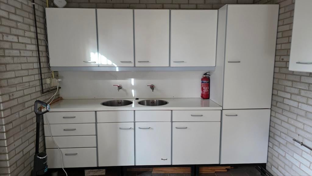 Keukenblok met dubbele spoelbak en 3 extra kastjes, Ophalen, Gebruikt, 200 cm of meer, Wit