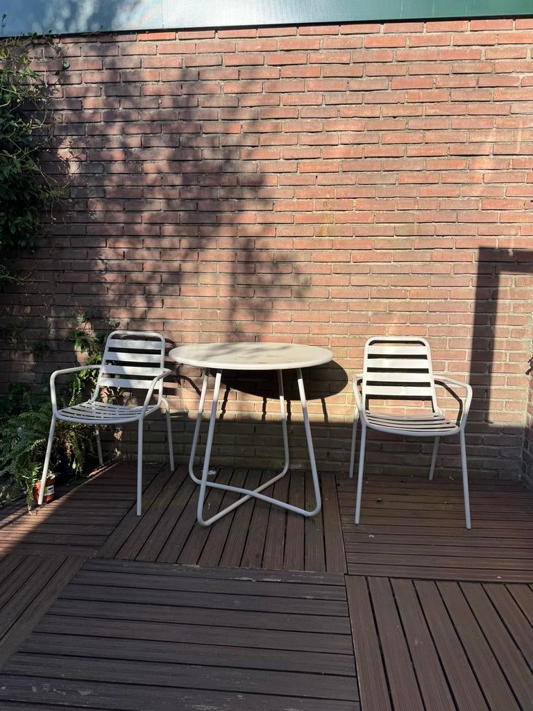 Zand kleur tuinset met 2 stoelen en tafel, inclusief kussens, Overige materialen, Gebruikt, Eettafel, Tuinset