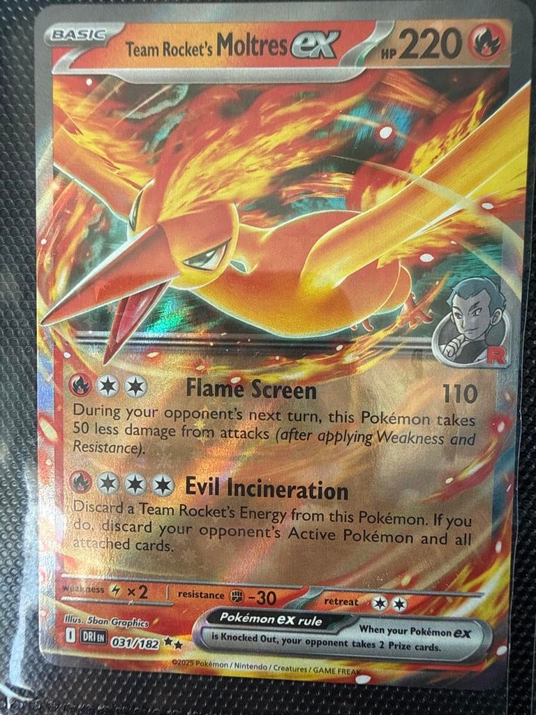 Team Rocket's Moltres ex Pokémon Kaart 031/182, Ophalen of Verzenden, Zo goed als nieuw, Losse kaart, Foil