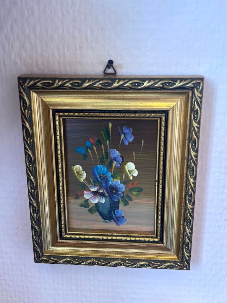 Mini Vintage Olieverf Schilderij Bloemen in Gouden Lijst, Antiek en Kunst, Kunst | Schilderijen | Klassiek, Ophalen of Verzenden
