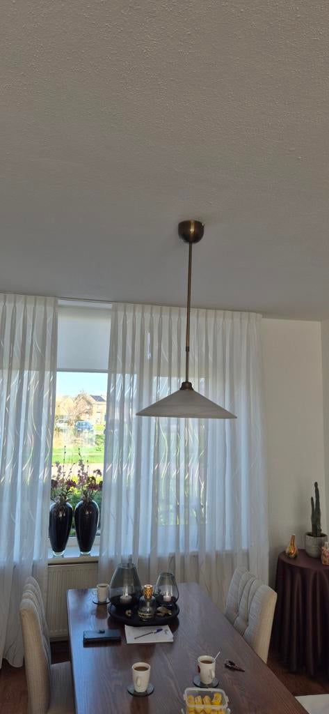 Elegante bronzen hanglampen met glazen kappen, Ophalen, Gebruikt, Glas, Klassiek, Tijdloos